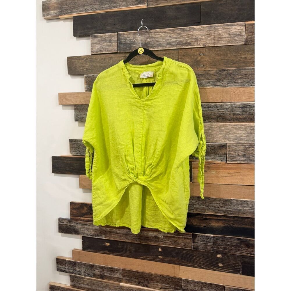Puro Lino linen lime green top boho lagenlook relaxed fit size M/L